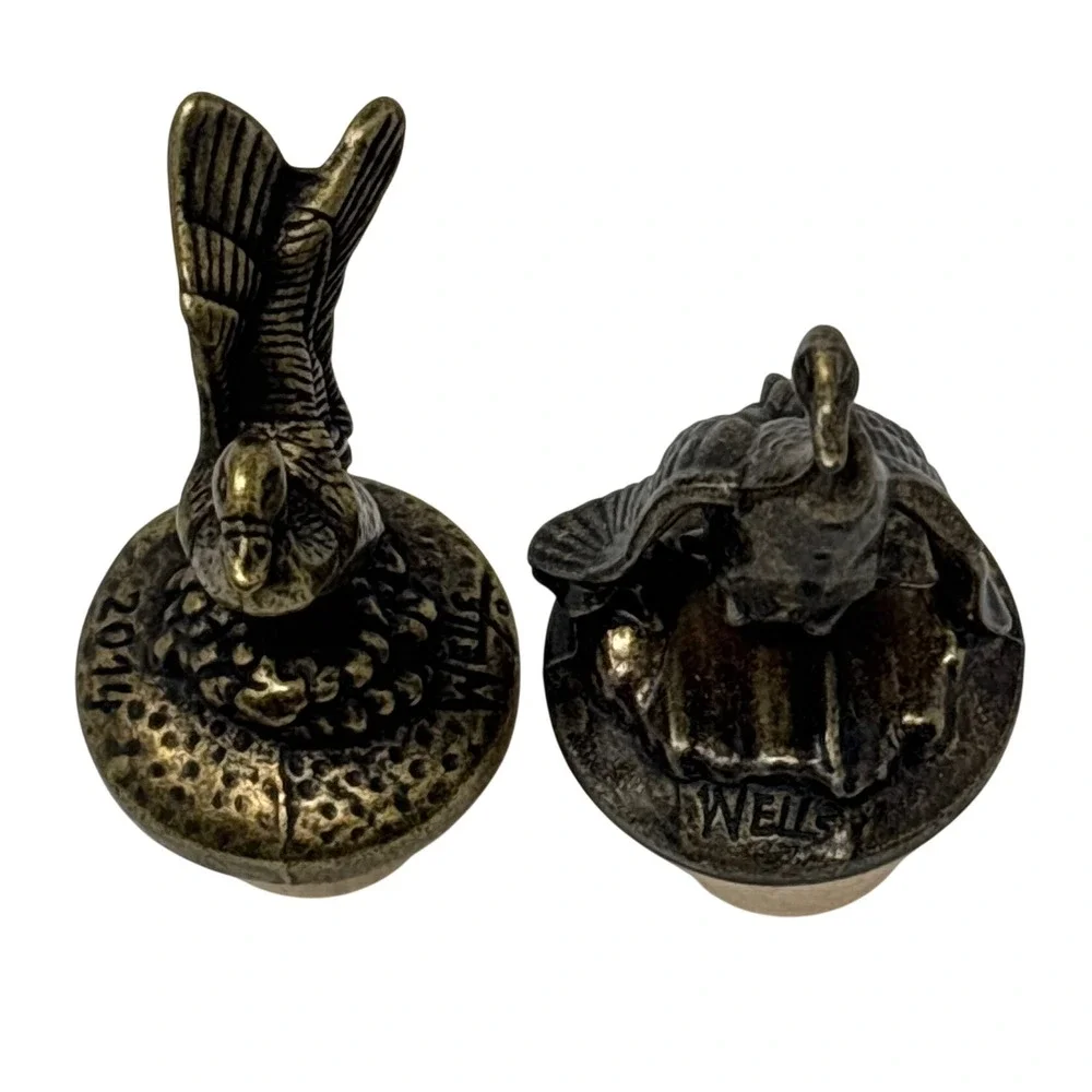 Vintage Bronze Duck Wine Bottle Stoppers Set of 2 Wells Stem 2014 Waterfowl